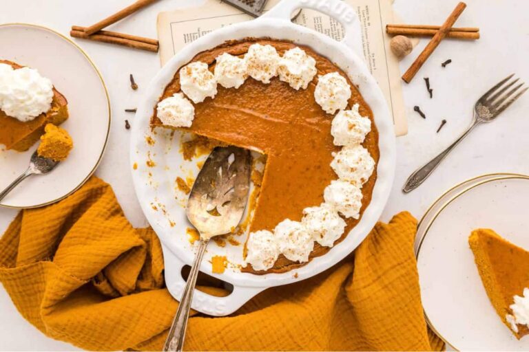 Crustless pumpkin pie on a counter.