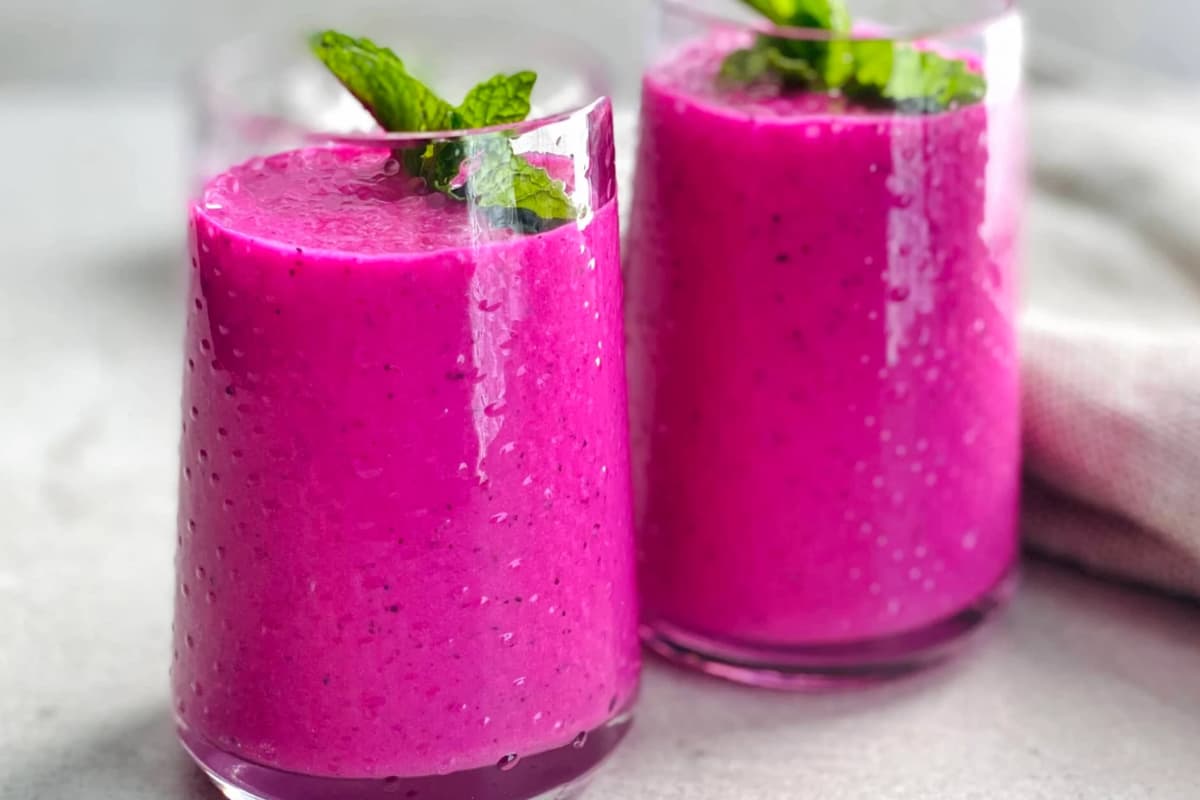 Glasses of dragon fruit smoothies.