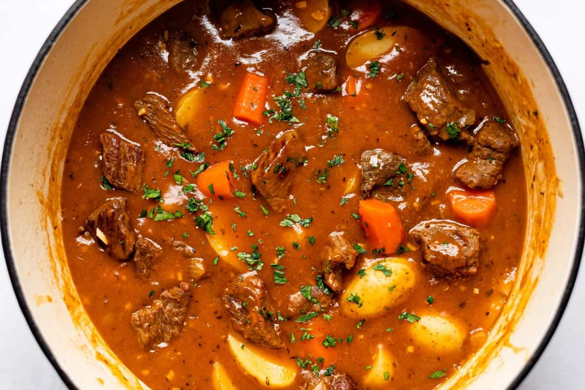 A pot of dutch oven beef stew.