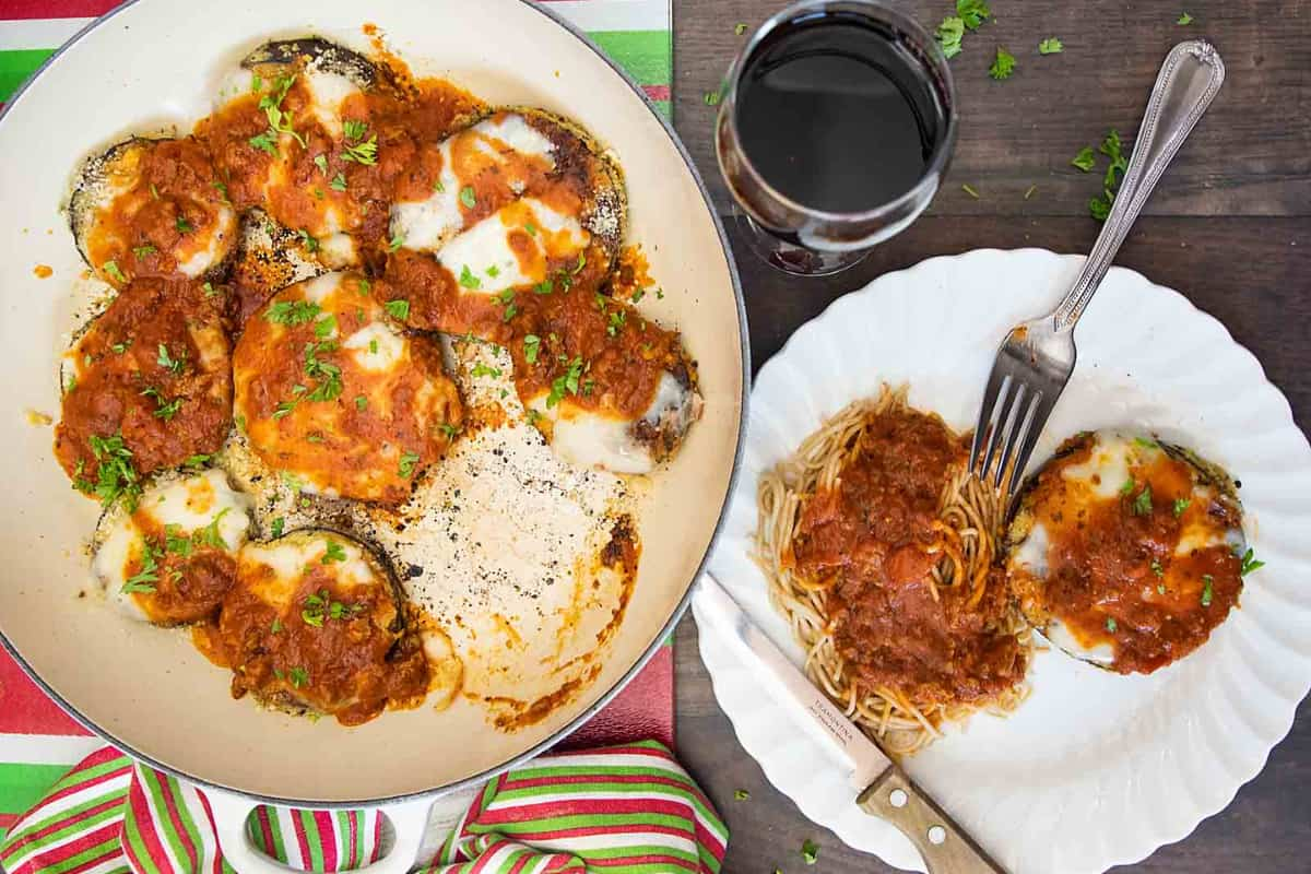 A plate of eggplant parmesan.