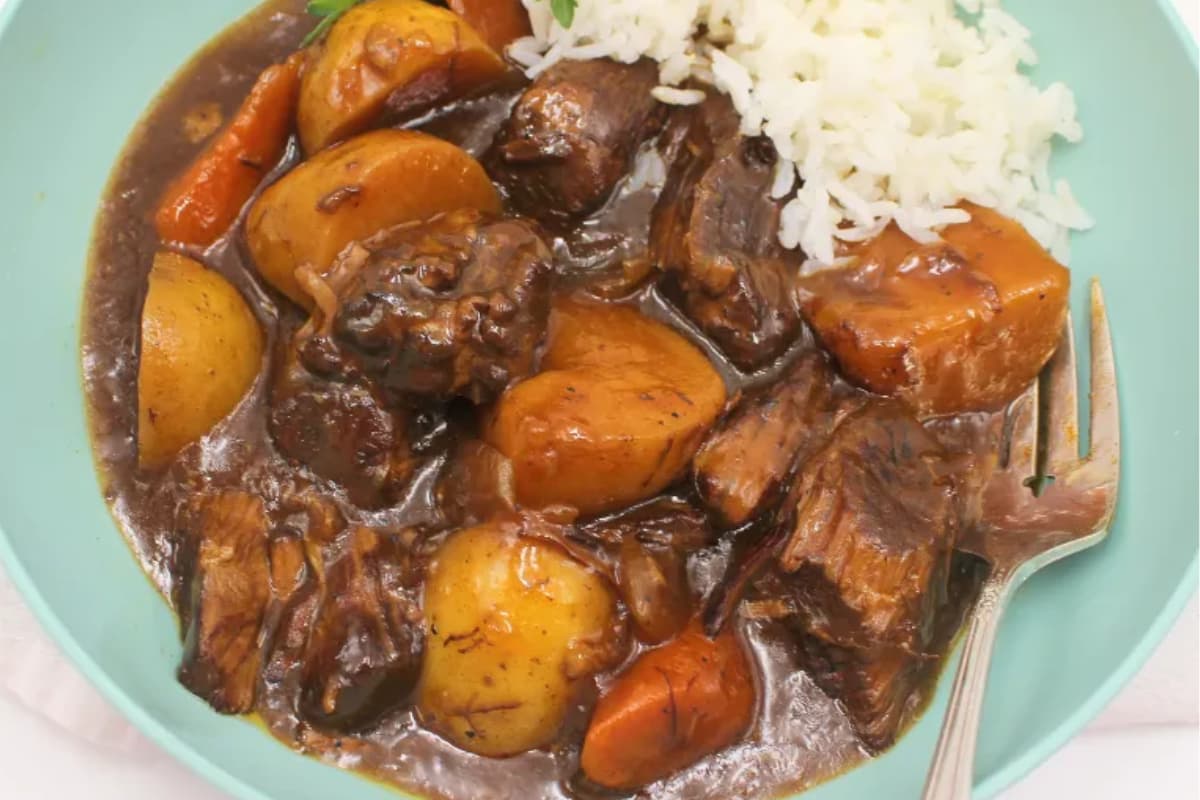 Filipino beef mechado in a bowl.