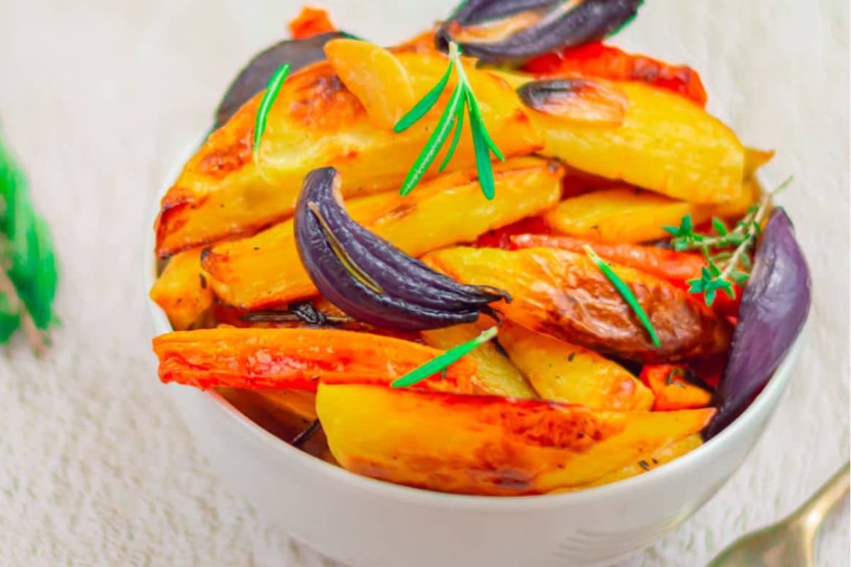 A bowl of roasted root vegetables.