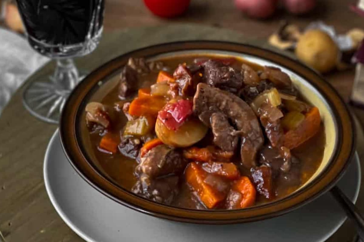 A bowl of gluten-free beef stew.