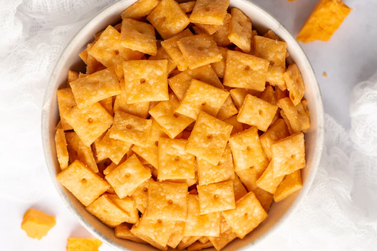 A bowl of gluten-free Cheez-its.