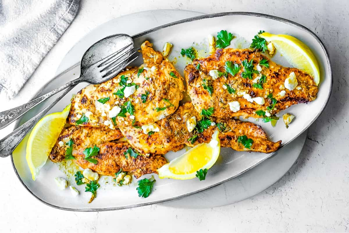 A platter of Greek chicken.