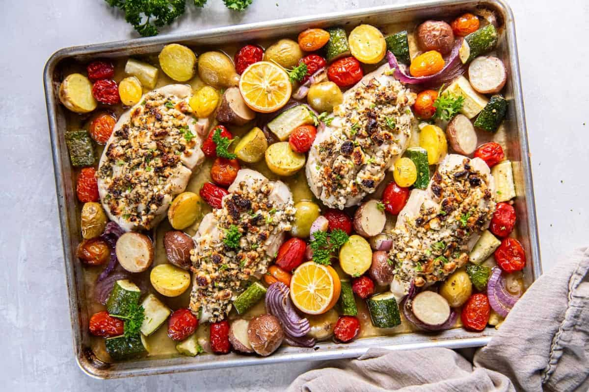 A dish of Greek sheet pan chicken.