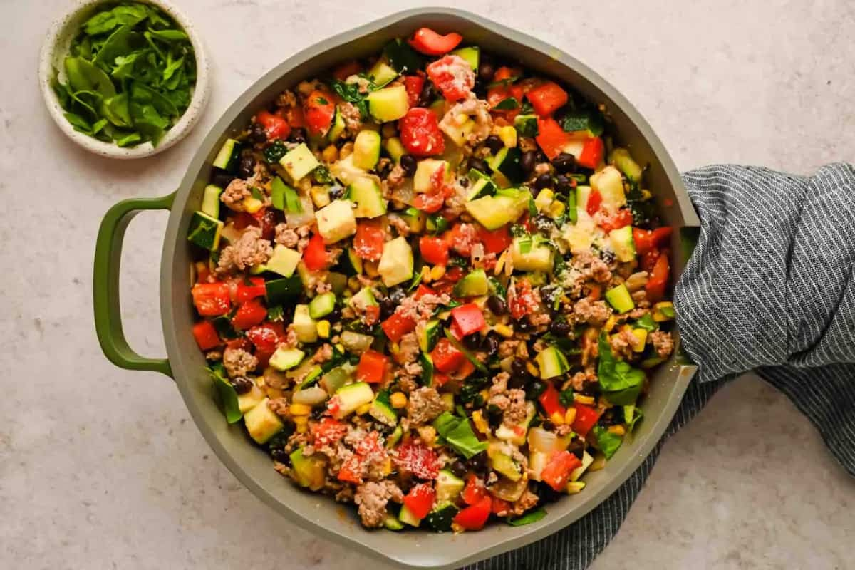 A ground turkey skillet on a counter.