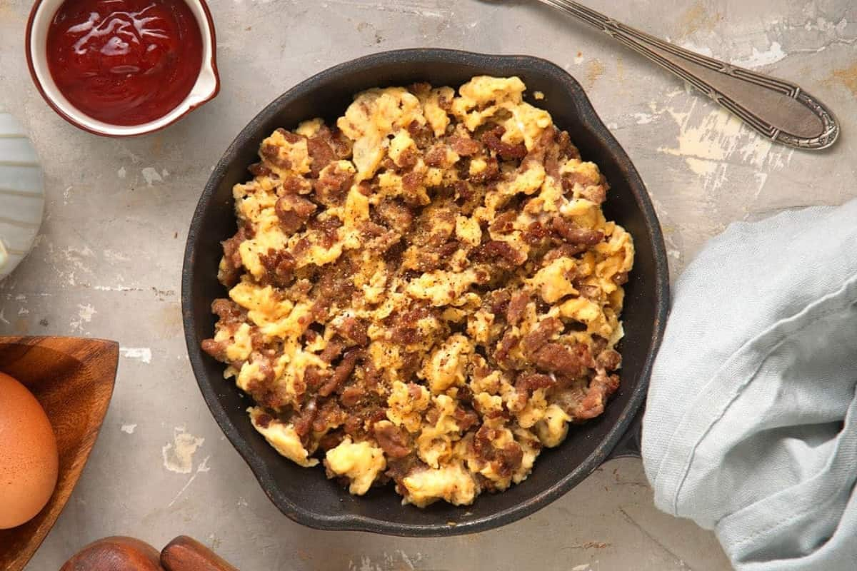 A plate of hamburger scrambled eggs.