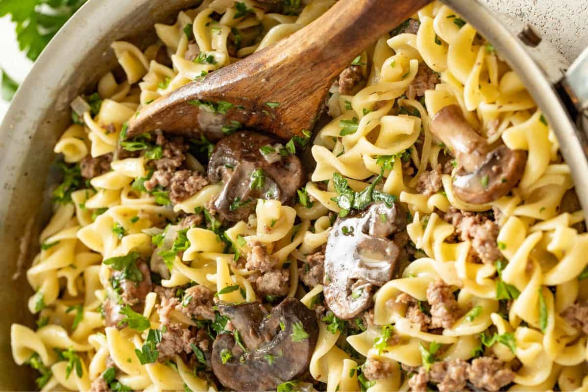 A pan of beef stroganoff.