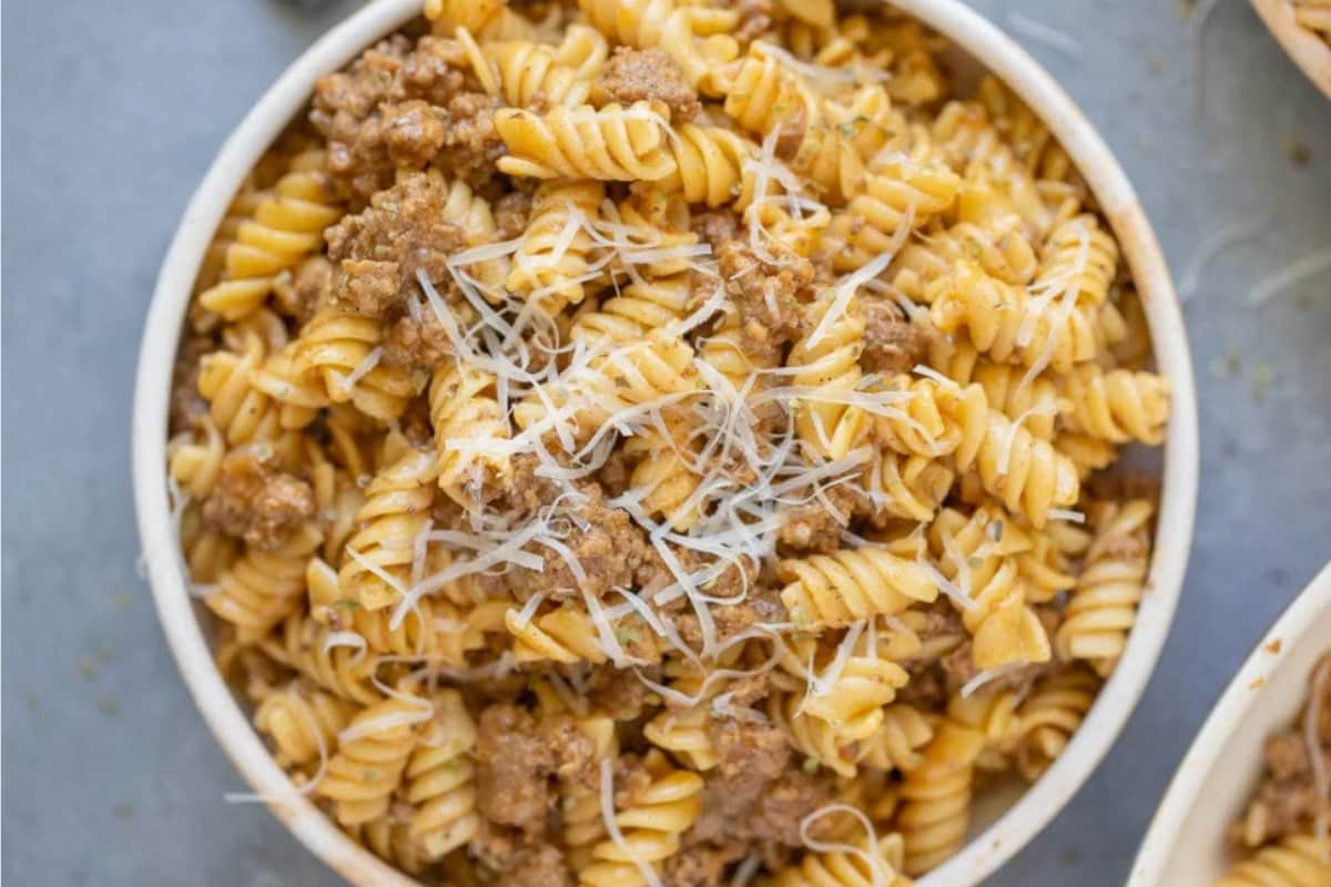 A bowl of homemade hamburger helper.