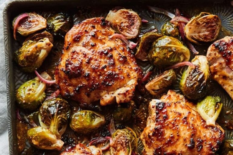 Overhead image of honey mustard chicken sheet pan dinner.