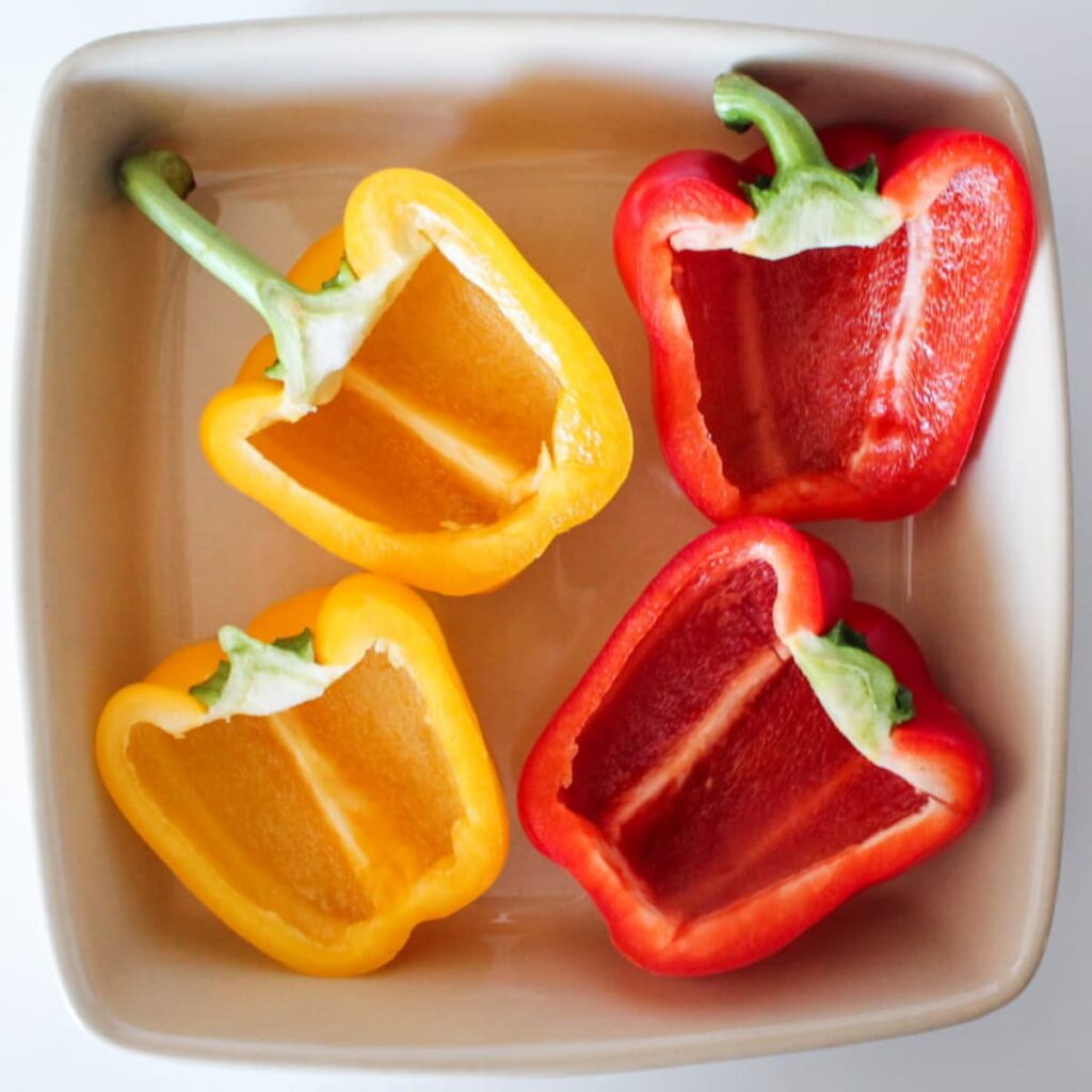 A dish of cut bell peppers.