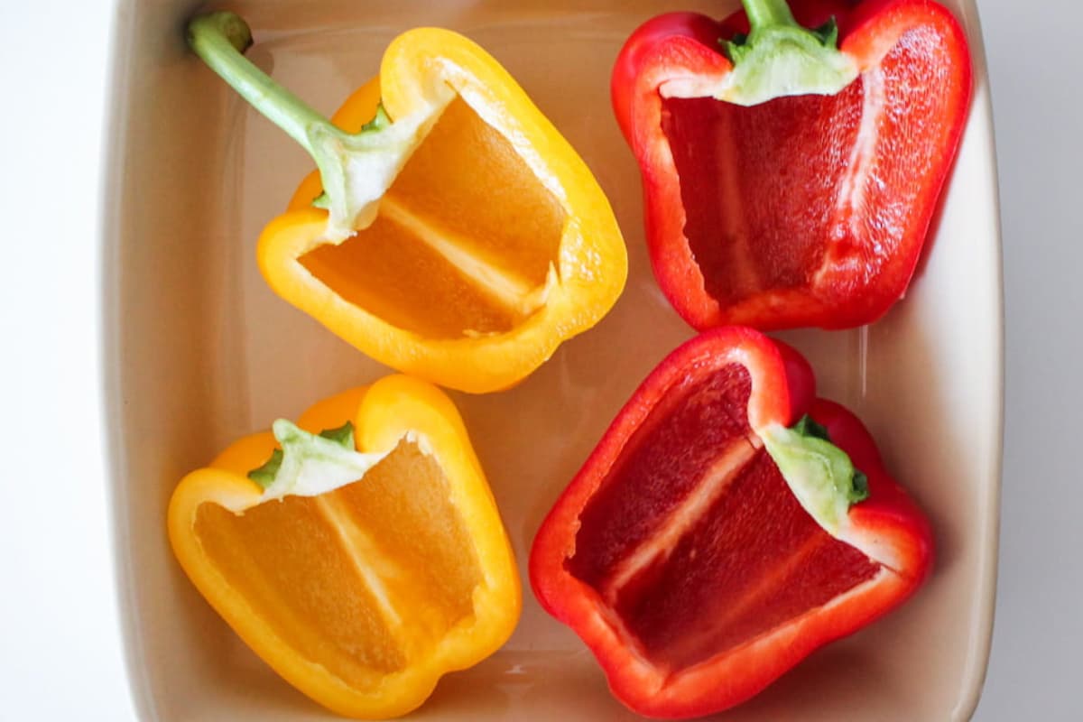 A dish of cut bell peppers.