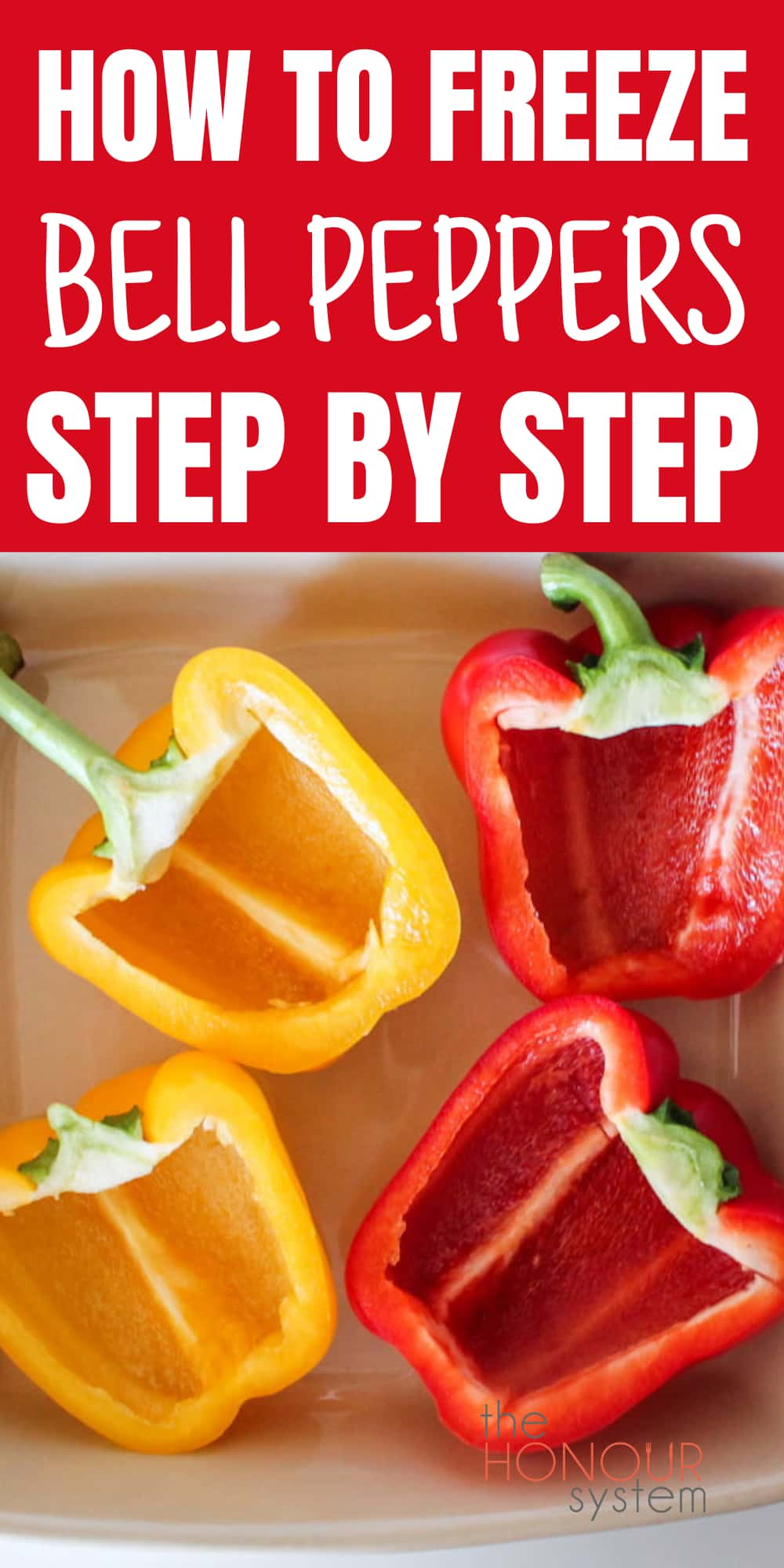 A dish of bell peppers with text overlay.