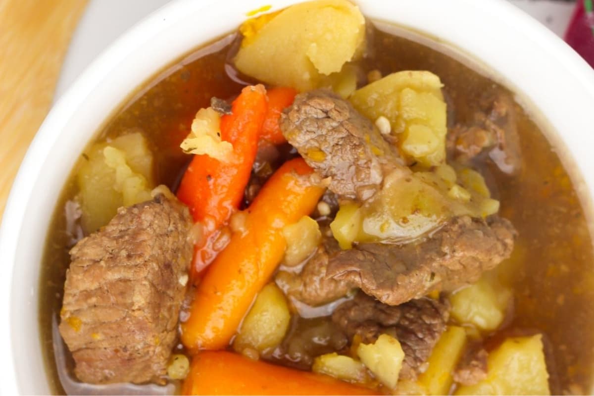 A bowl of instant pot beef stew.