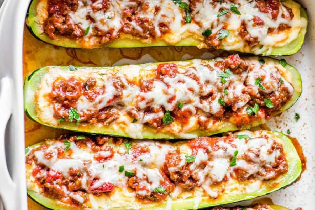 A dish of lasagna zucchini boats.