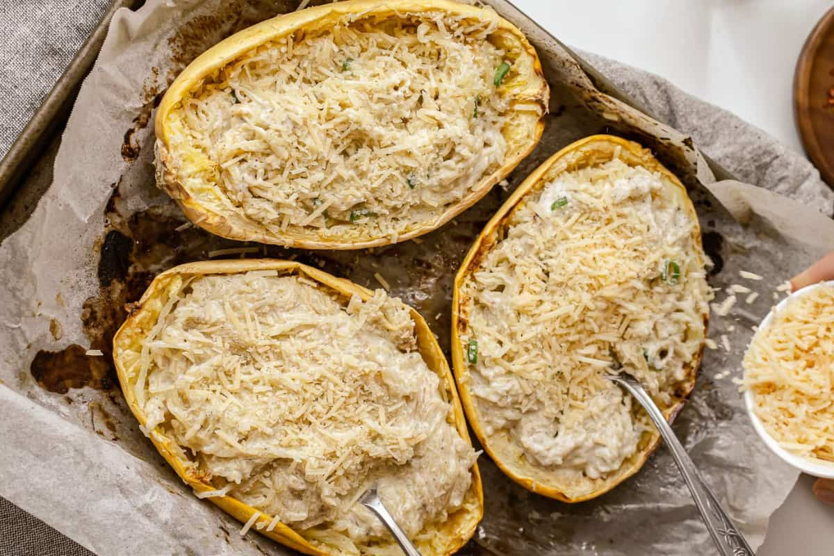 A tray of low carb alfredo spaghetti squash.