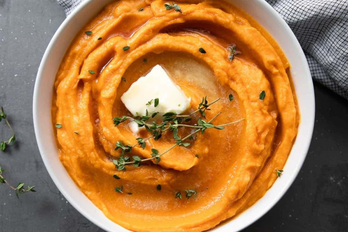 Overhead image of sweet  mashed potatoes.