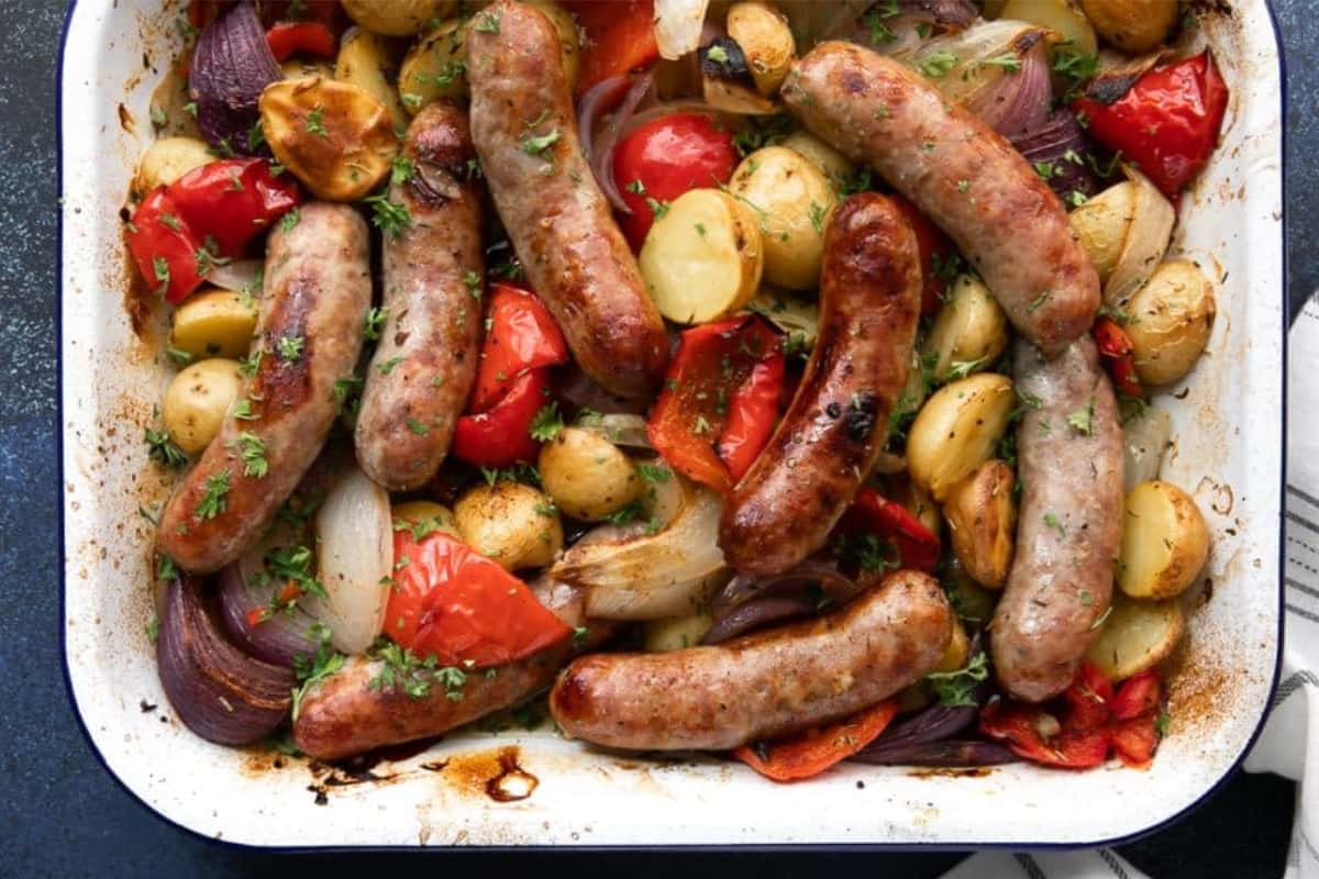 A pan of sausage and potatoes.