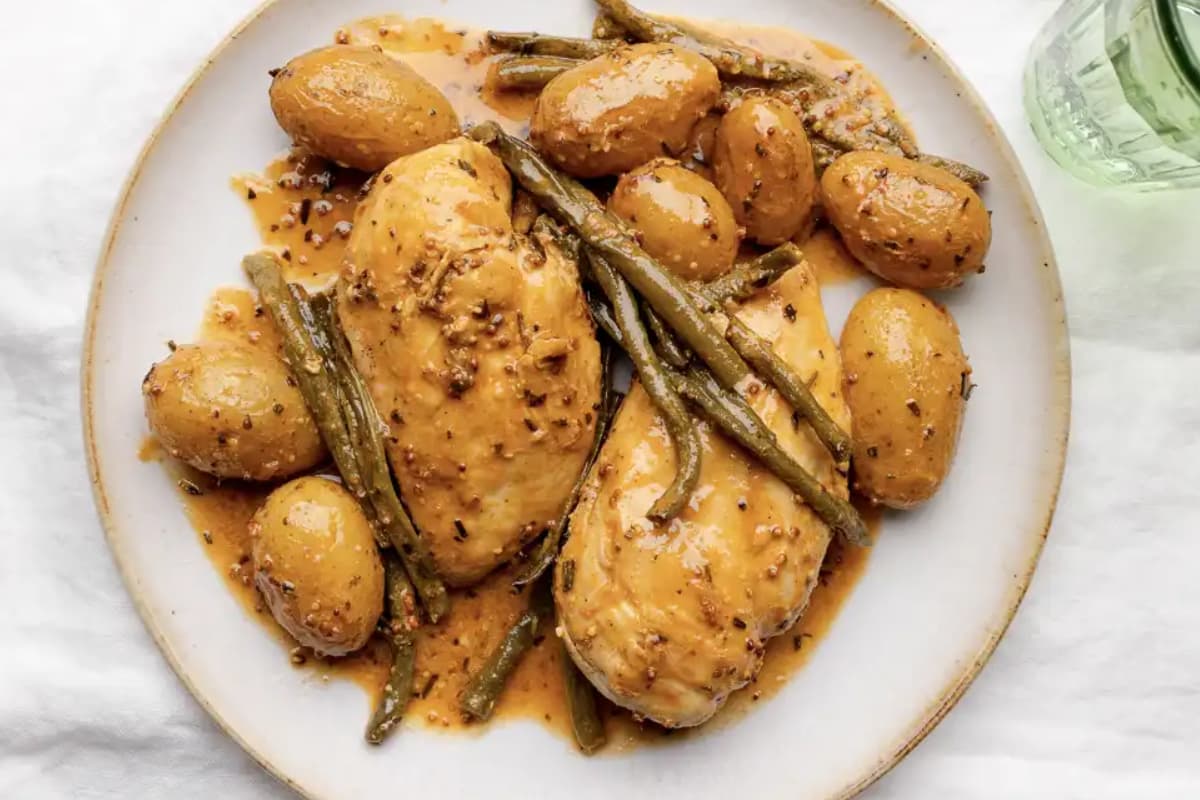 A plate of chicken and vegetables.