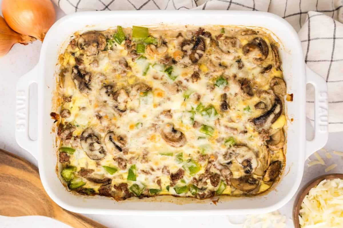 A dish of Philly cheesesteak casserole.