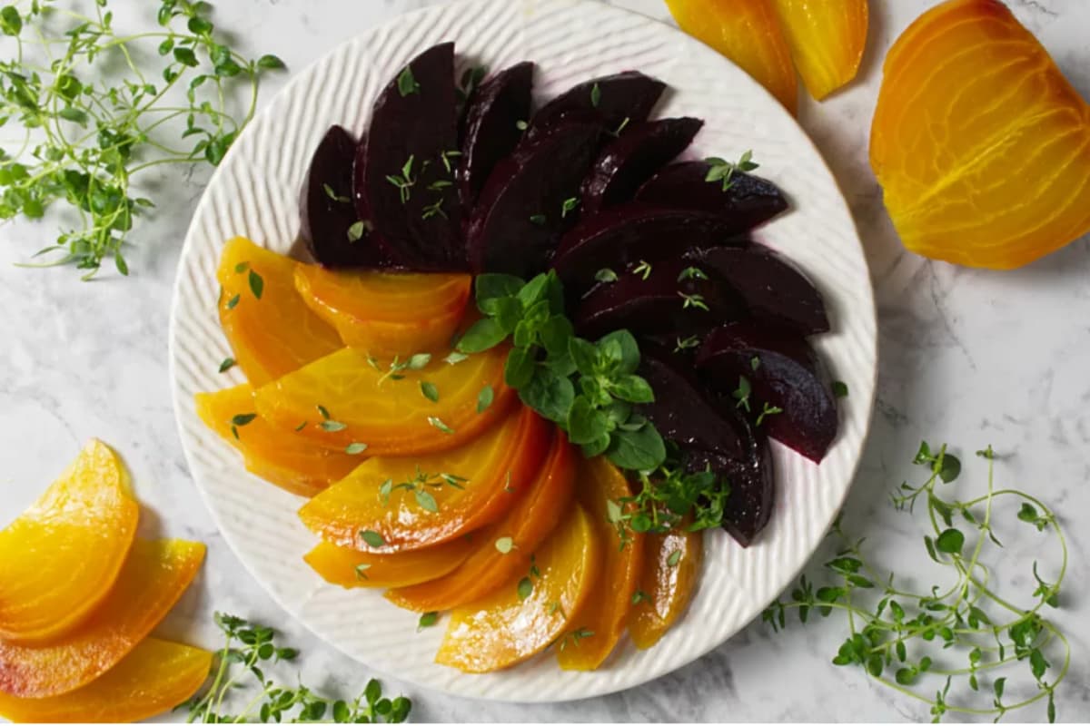 A plate of roasted beets.