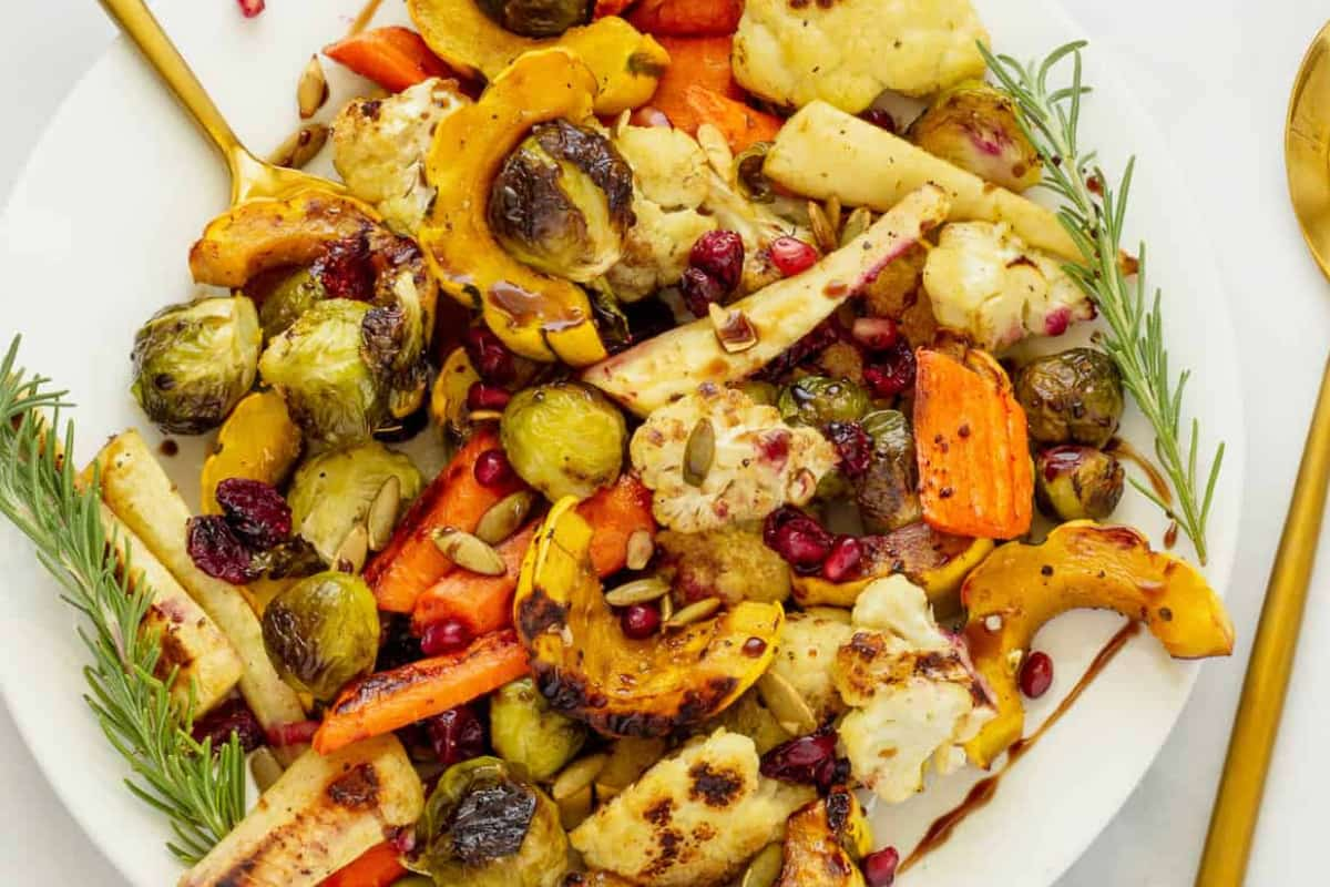 A plate of roasted fall vegetables.