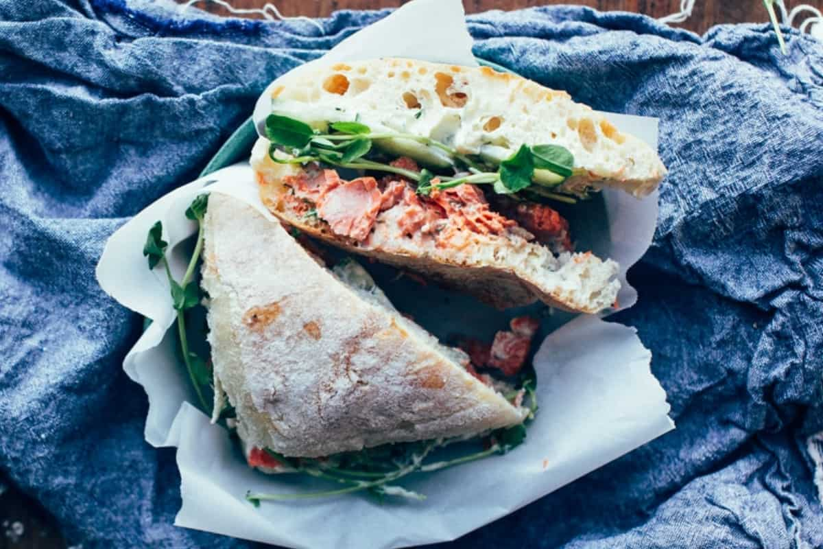 A table with salmon sandwiches.