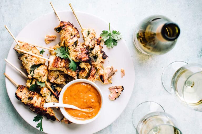 A plate of salmon skewers.