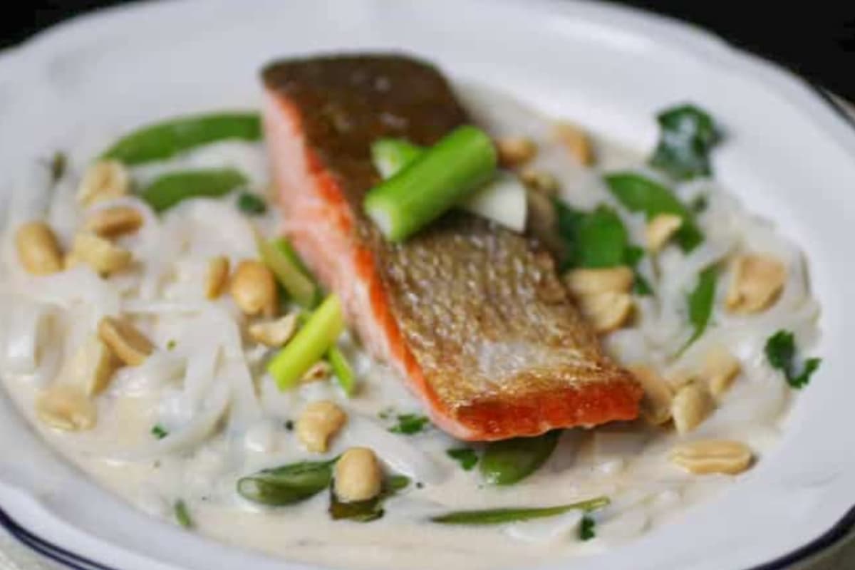 A plate of pan-fried salmon.