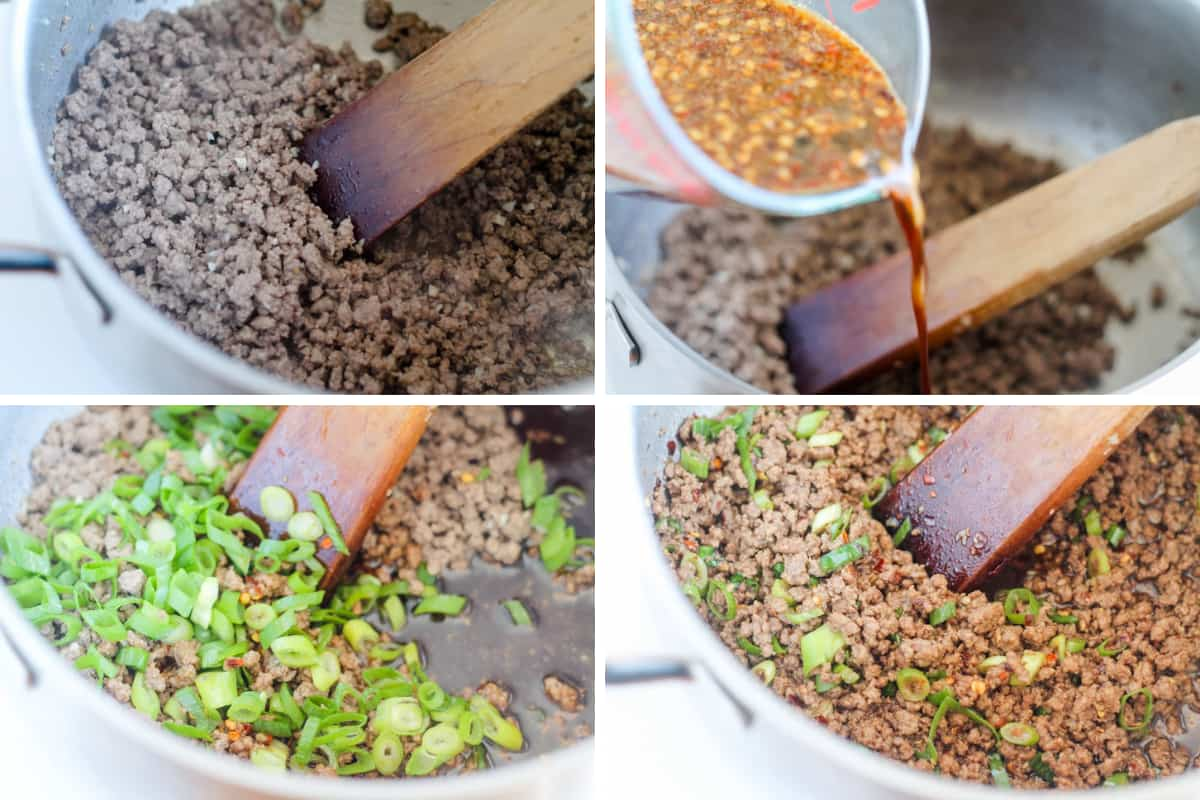 Grid of process shots images showing ground beef being cooked in a pan.