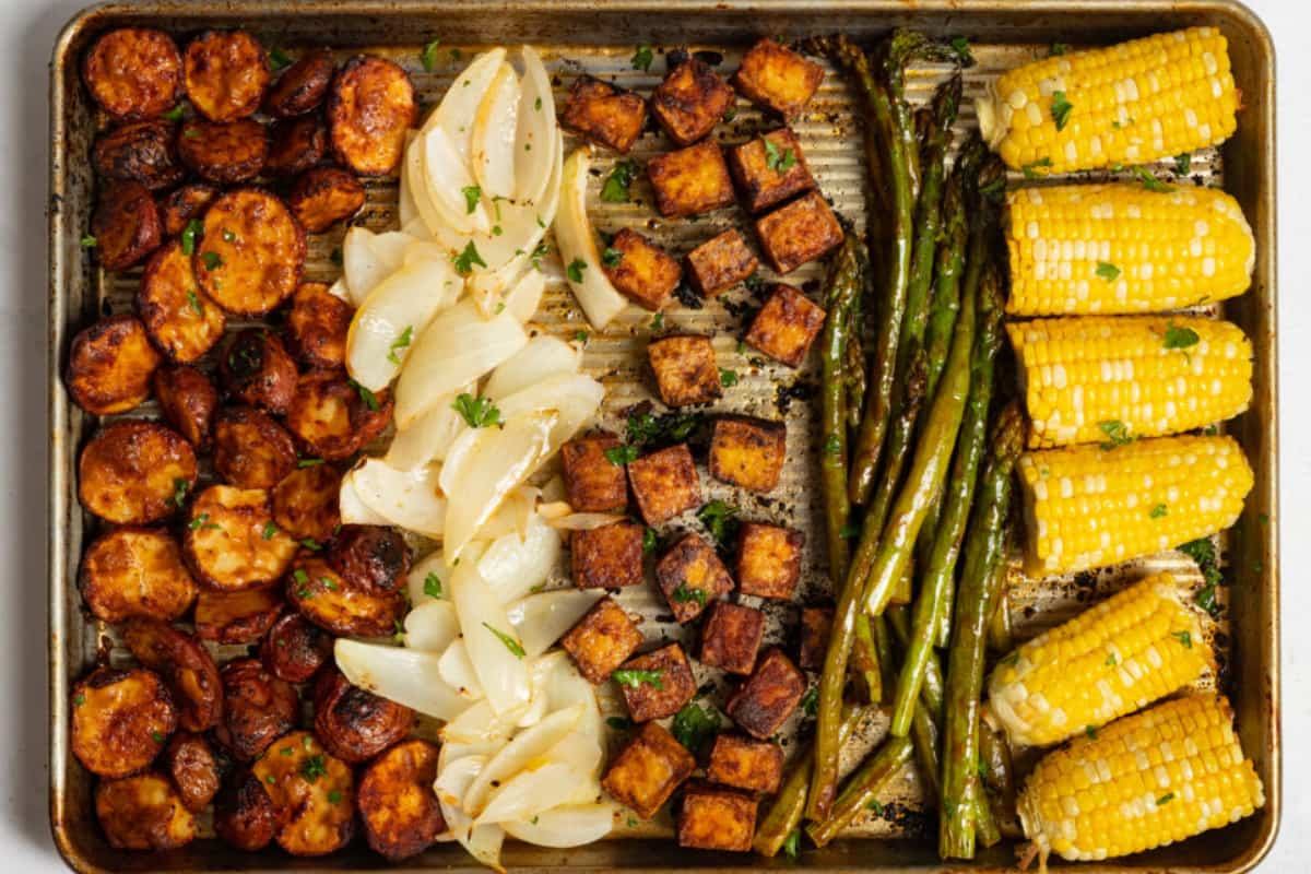 A sheet pan of bbq tofu.