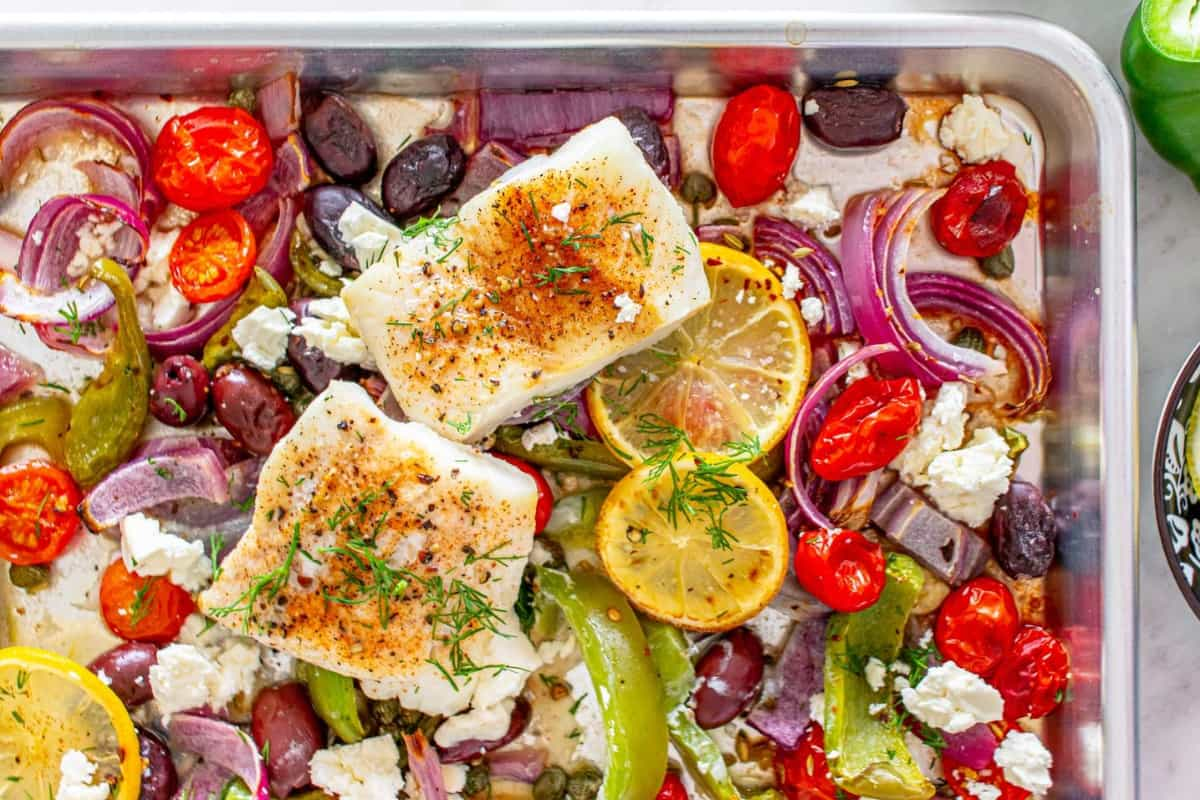 Overhead image of sheet pan cod.