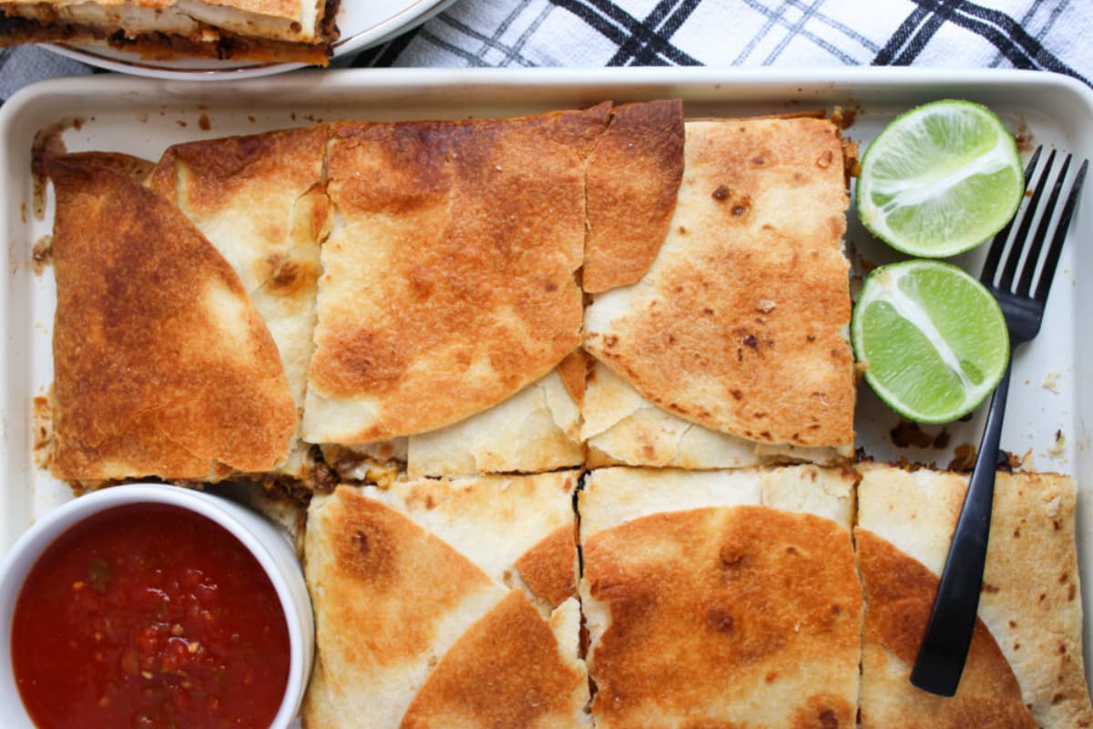 Overhead image of sheet pan quesadillas.