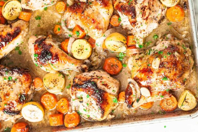 A dish of sheet pan roast chicken.