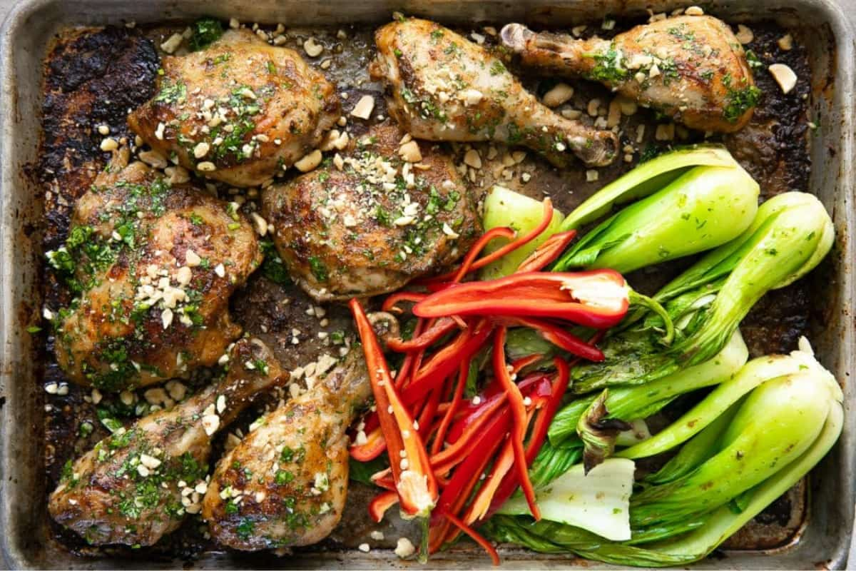 A dish of sheet pan thai chicken.