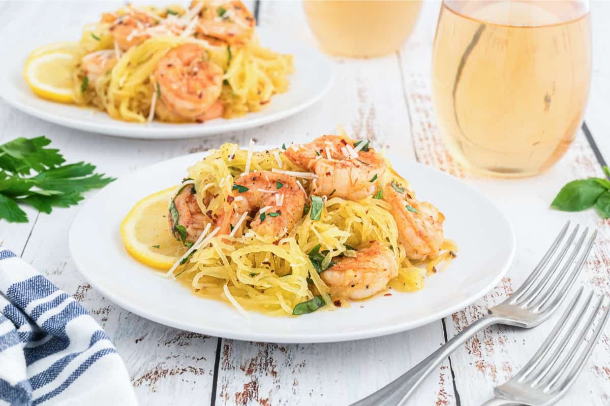 A plate of spaghetti squash shrimp scampi.