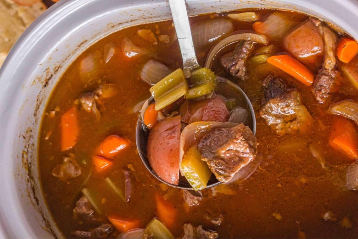 A pot of slow cooker beef stew.