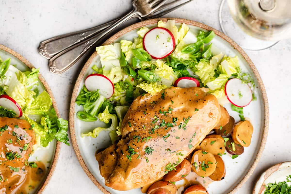 A plate of slow cooker maple dijon chicken.