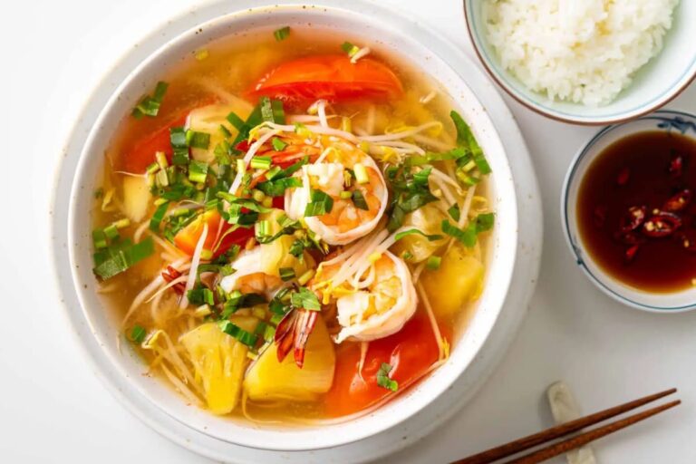 A bowl of sour shrimp soup.