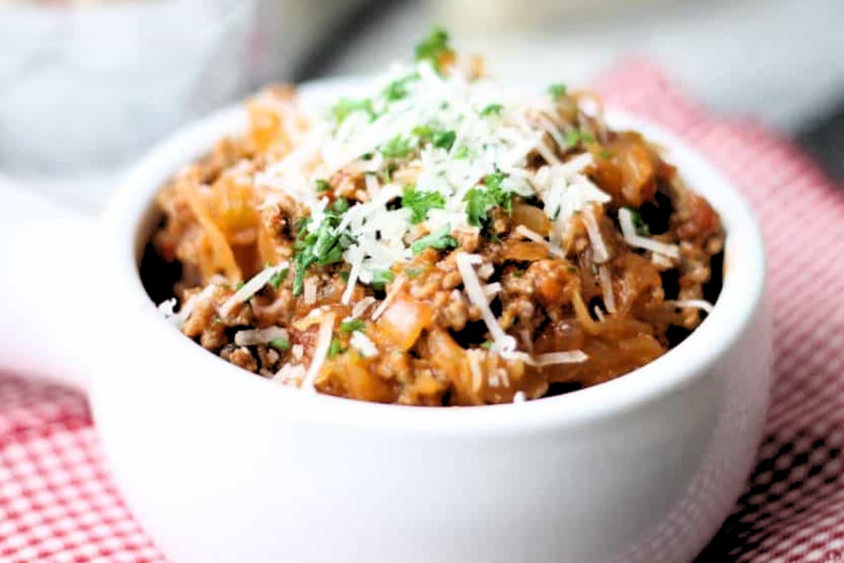 A bowl of spaghetti squash bolognese.