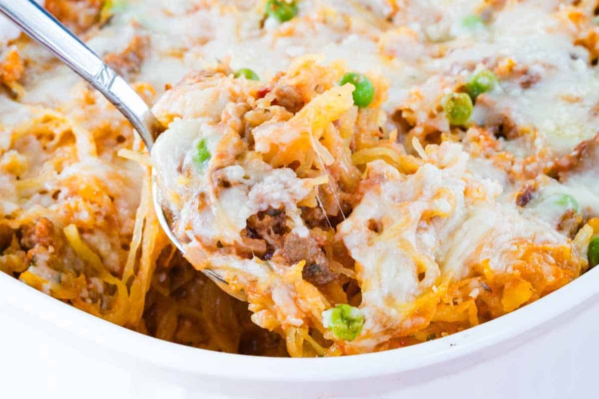 A dish of spaghetti squash casserole.