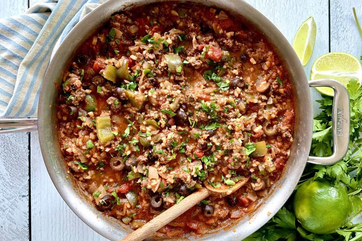 A pan of spanish cauliflower rice.