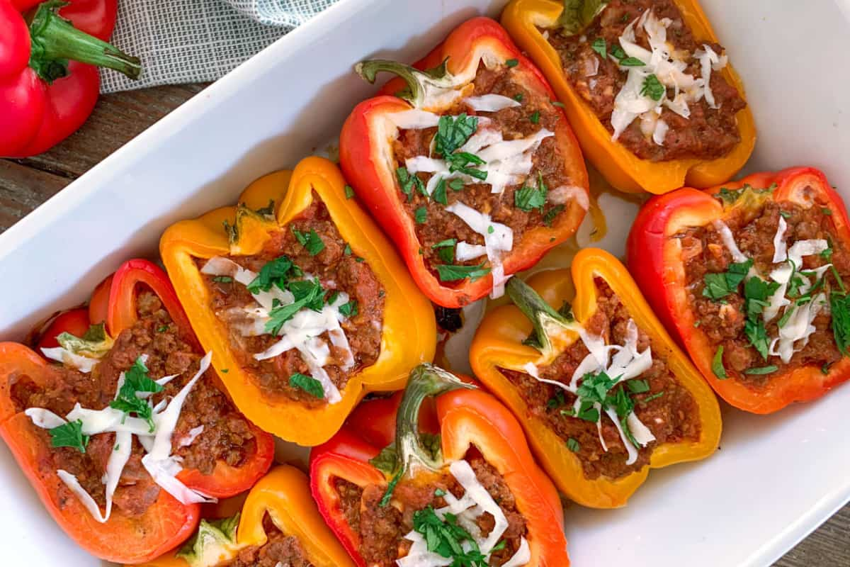 A dish of stuffed peppers.