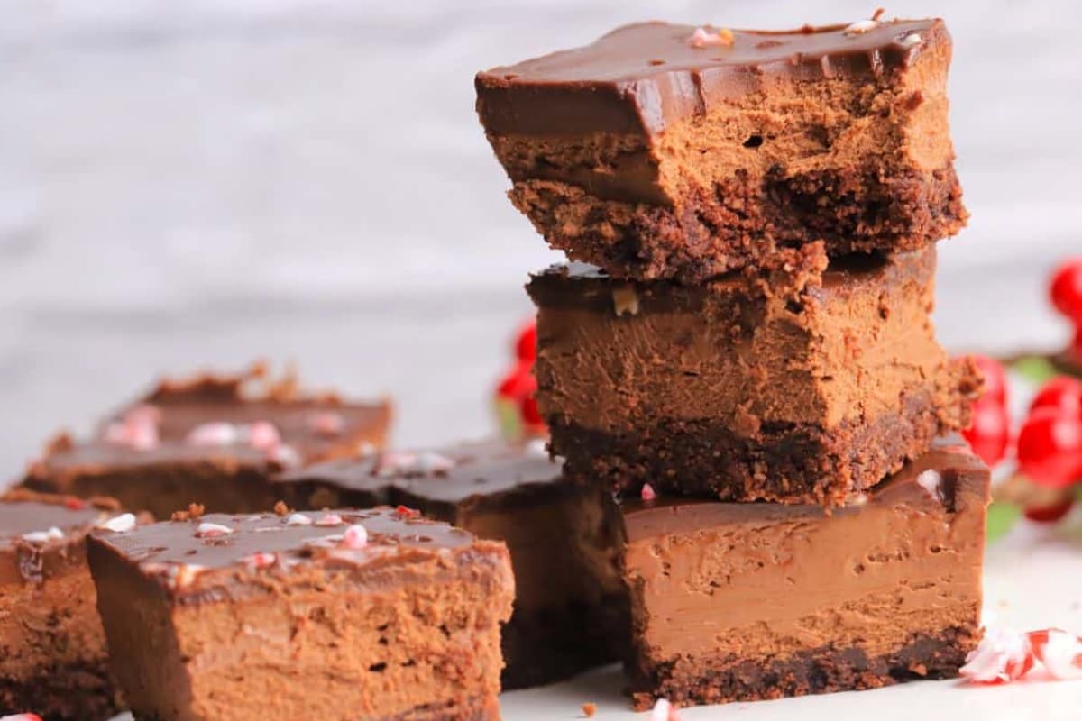 A plate of sugar-free peppermint mocha cheesecake bars.