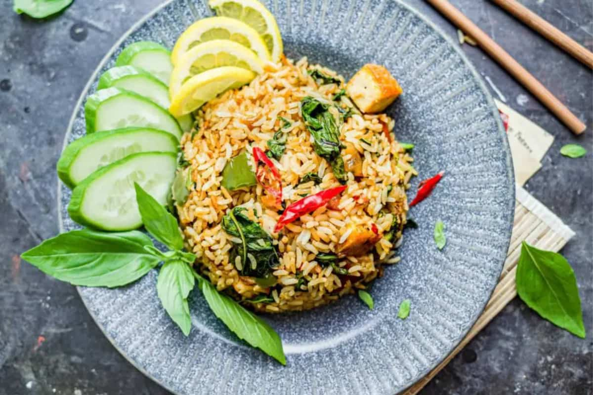 A plate of Thai basil fried rice.