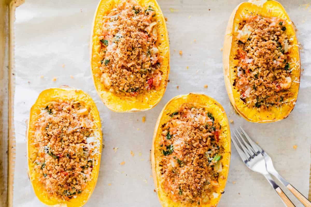 A tray of twice-baked spaghetti squash.