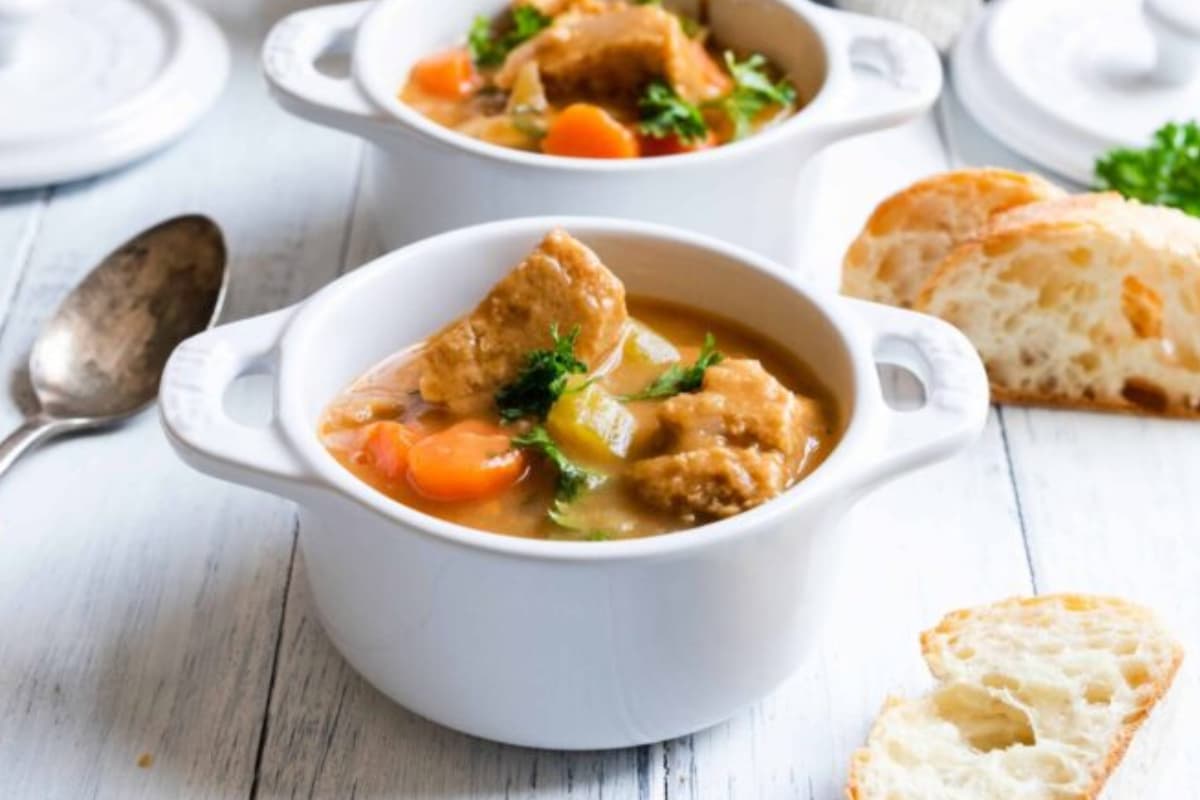 Bowls of vegan beef stew.