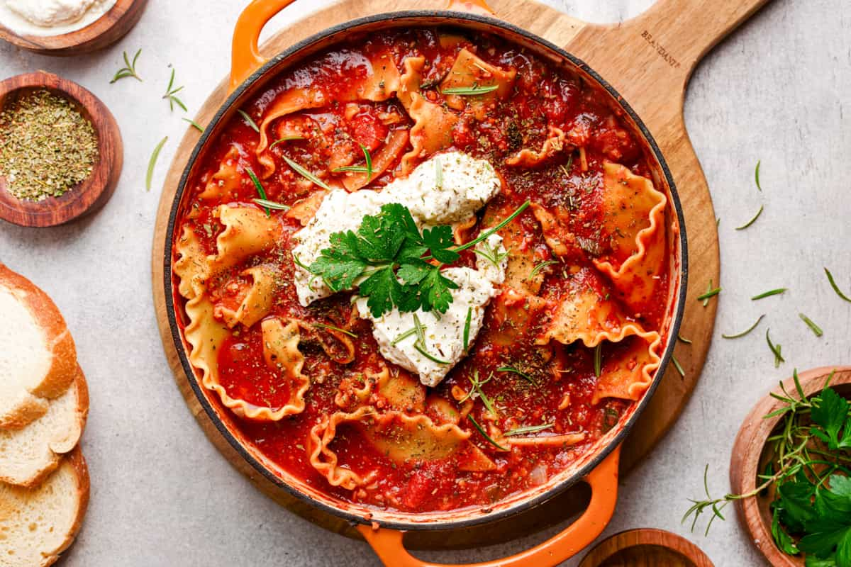 A dish of one-pot lasagna soup.