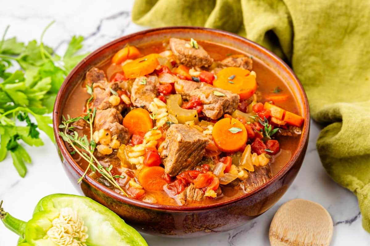 Vegetable beef stew in a dish.